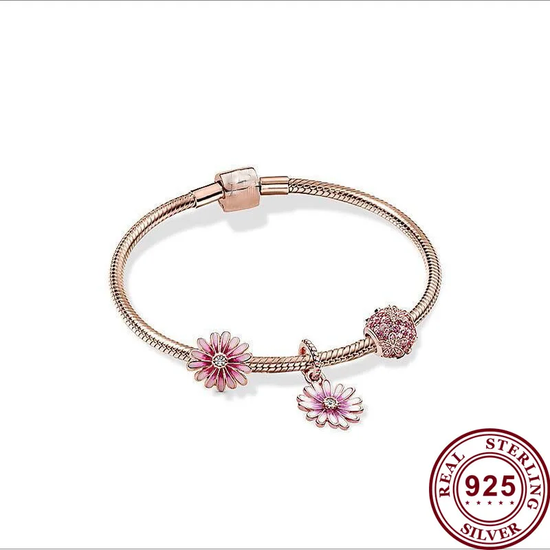 

2020 New 925 Sterling Silver Rose Gold Brilliant Daisy Beaded Pan Bracelet Set For Women Wedding Party Gift Fashion Jewelry