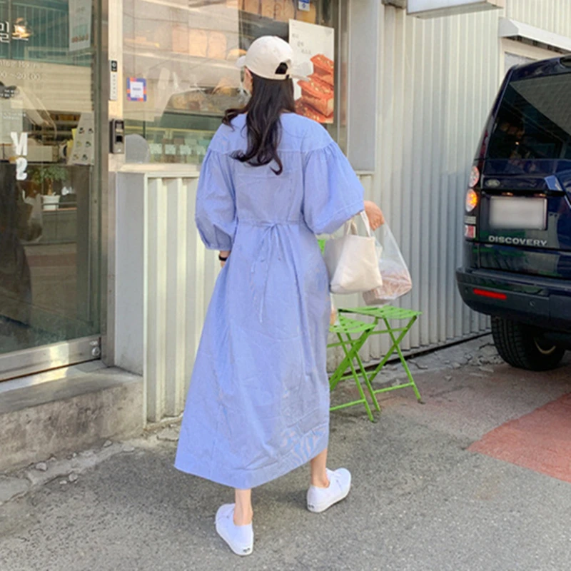 

Ladies Lazy Round Neck Striped Single Breasted Shirt Lace Up Waist Lantern Long Sleeve Dresses Women Fashion Elegant Clothes