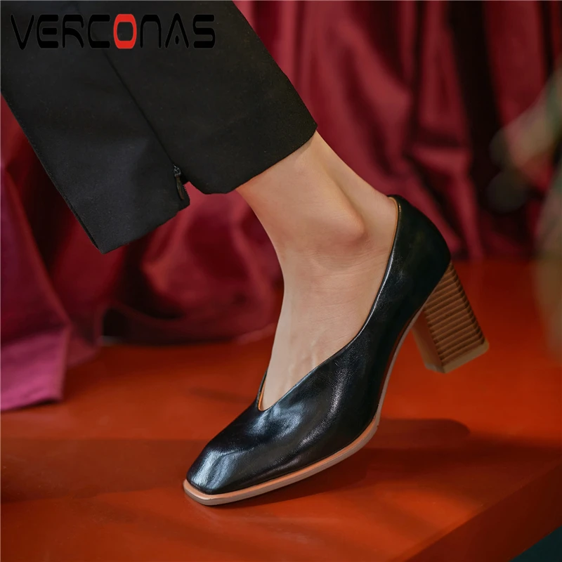 

Классические женские туфли-лодочки VERCONAS, лаконичные повседневные офисные туфли из натуральной кожи в стиле ретро на высоком каблуке, весна ...
