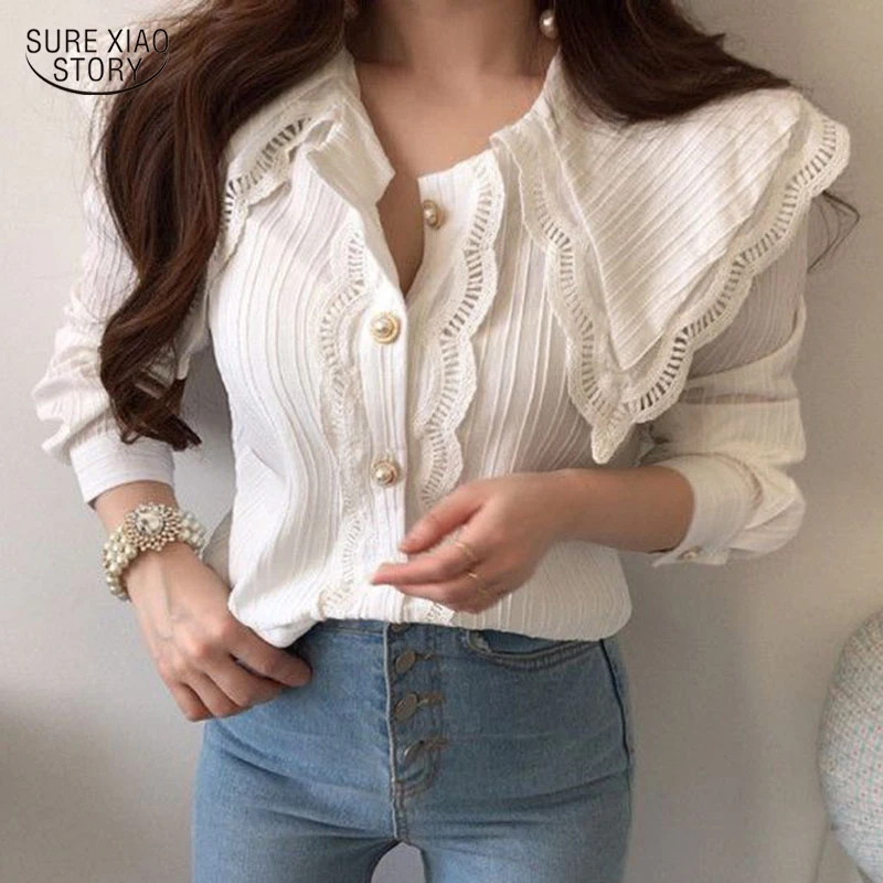 

Elegant Long Sleeve Autumn Pearl Button Tops Korean Hollow Out Stitch Blouse Women Fashion Big Lapel White Lace Girl Shirt 17514