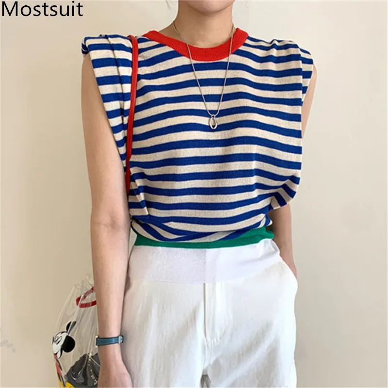 

2021 Summer Korean Striped Knitted Padded Shoulder Tshirts Tops Women O-neck Color-blocked Casual Fashion Tees T Shirts Femme