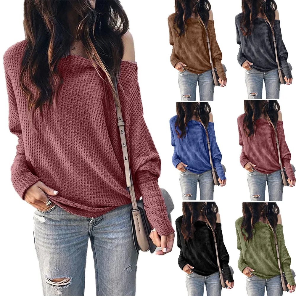 Pullover Sweater Women Loose Off Shoulder Sexy Ladies Slash Neck Knit Casual Tops Women's Solid Color Autumn Clothing | Женская