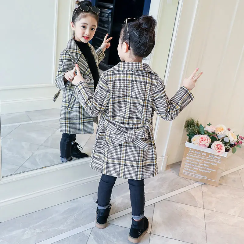 Купи Kids Girl Overcoat Winter New Fashion Houndstooth Wool Coat for Girl Teens Autumn Jacket Long Thick Outerwear Children Windproof за 1,273 рублей в магазине AliExpress