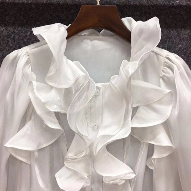 

GALCAUR Elegant Shirt For Women Stand Collar Lantern Long Sleeve Patchwork Ruffles Ruched Blouses Female 2021 Spring Clothes New