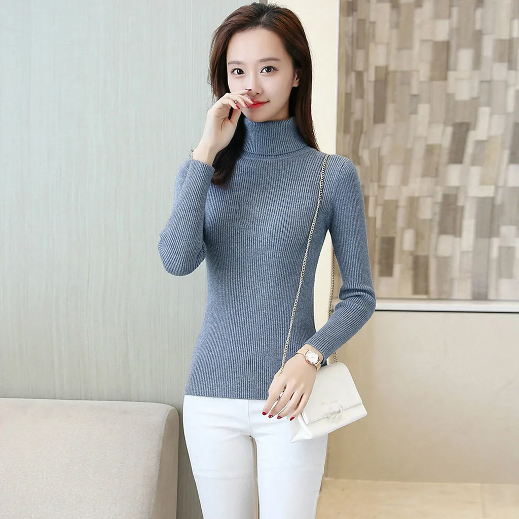 Женский свитер с высоким воротником однотонный облегающий Вязаный топ длинными