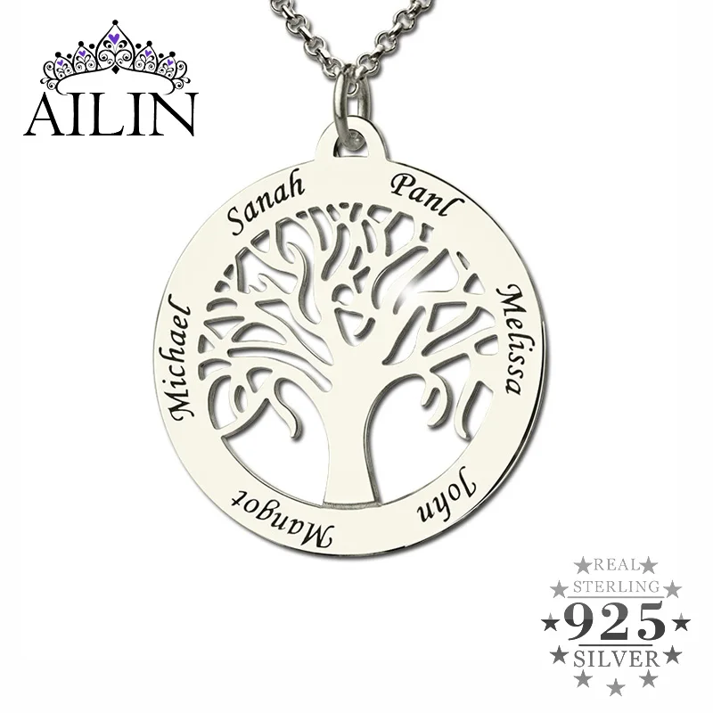 

Wholesale Family Tree Necklace Engraved Circle Name Necklace Sterling Silver Mum Mom Necklace Present for Her Family Jewelry