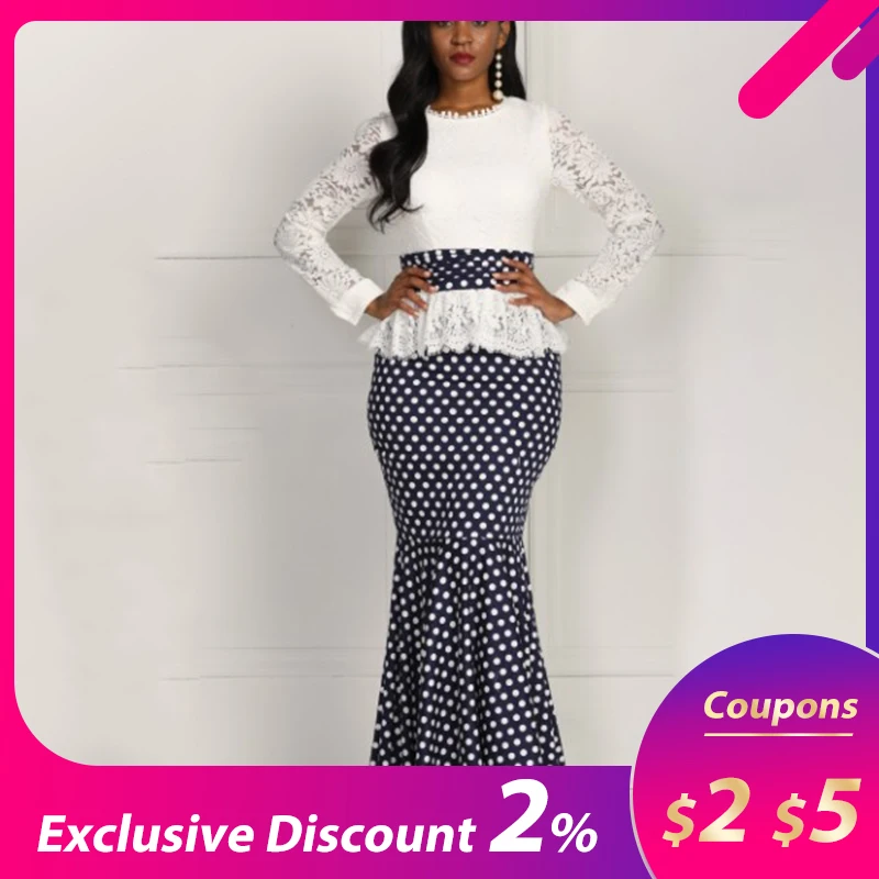 Женское вечернее платье в горошек длинное Русалочка большого размера с длинным