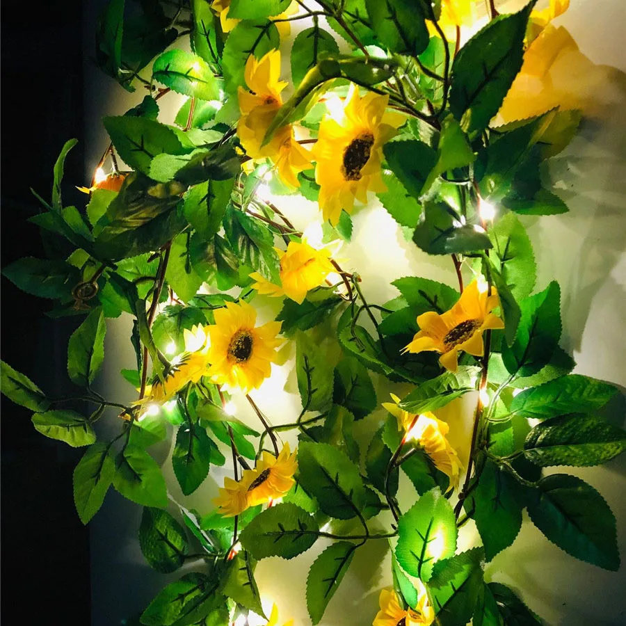 

Battery Operated Sunflower Vine LED String Lights 2M 20leds Green Leaf Garland Wedding Valentine's Day Christmas Decor lamp
