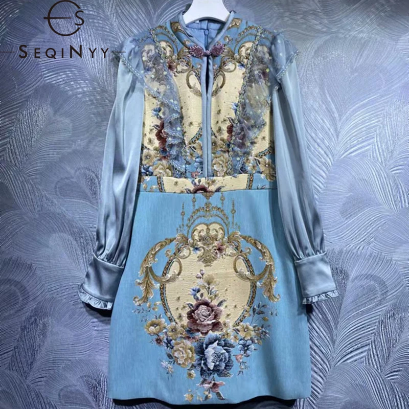 

SEQINYY синее мини-платье весна-осень новый модный дизайн для женщин подиумное Сетчатое кружевное высококачественное жаккардовое платье с цве...