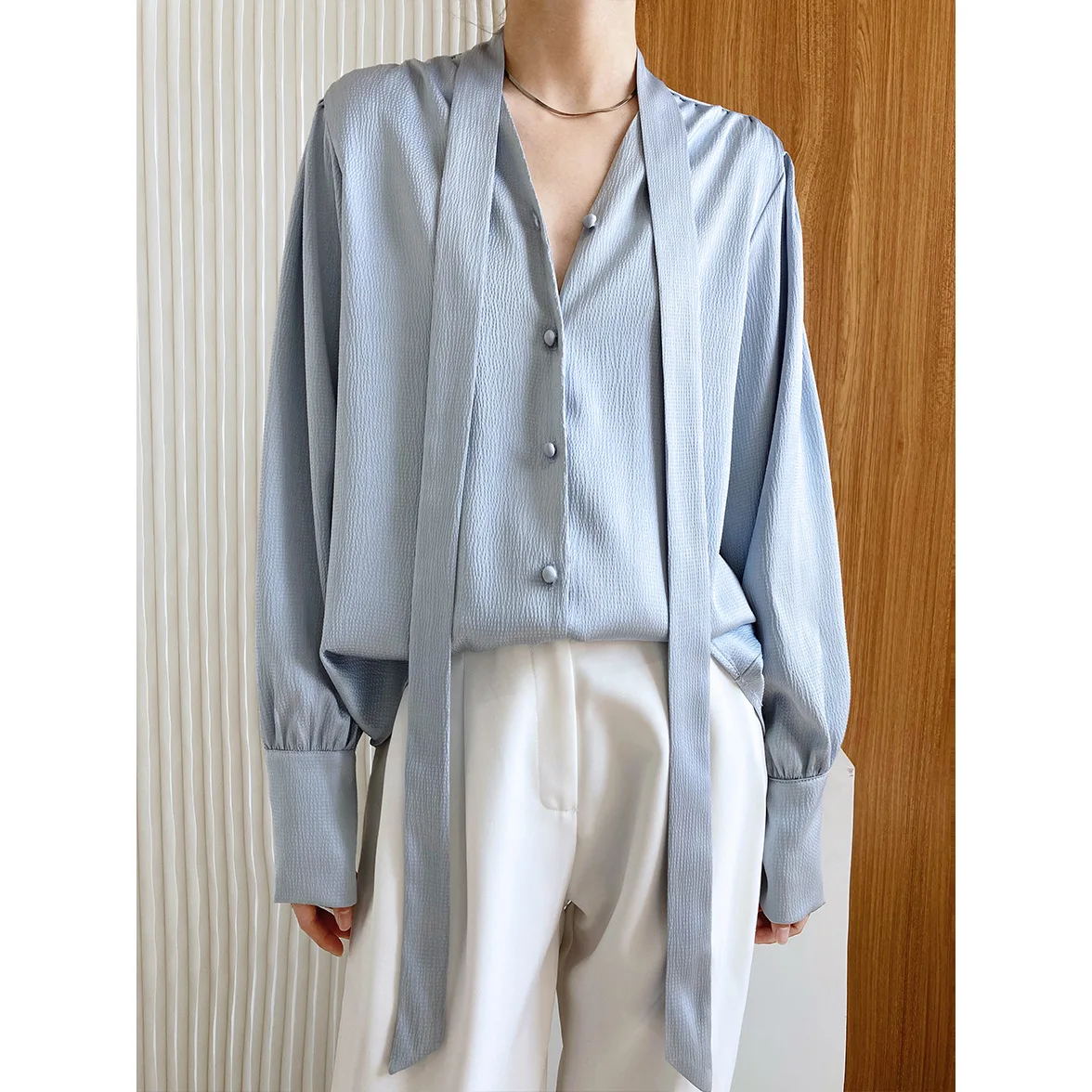 

SuperAen Korean Design Solid V-neck Ribbon Shirts Loose Texture Photosensitive Satin Lace Up Womens Tops