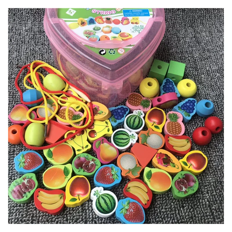 

Love Box Beaded Wooden Early Education Infant Hand-Eye Coordination Toy Beaded Fruit Animal Threading Beaded