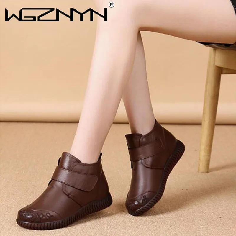 

Ботильоны женские из натуральной кожи, однотонные, без застежки, Ретро стиль, плоская подошва, модные зимние ботинки, ручная работа