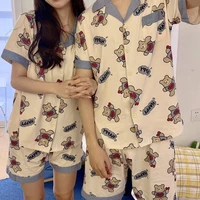 japanese couple pajama set 2021 summer new kawaii sleepwear cute cartoon bear print pyjamas loose lapel pijamas 2piece home suit