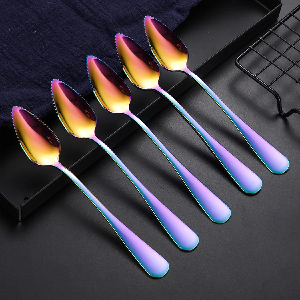 

5PCS Grapefruit Spoon Serrated Sturdy Stainless Steel Serving Spoon Fruit Spoon Rainbow Color Fruit Salad Dessert Dinnerware