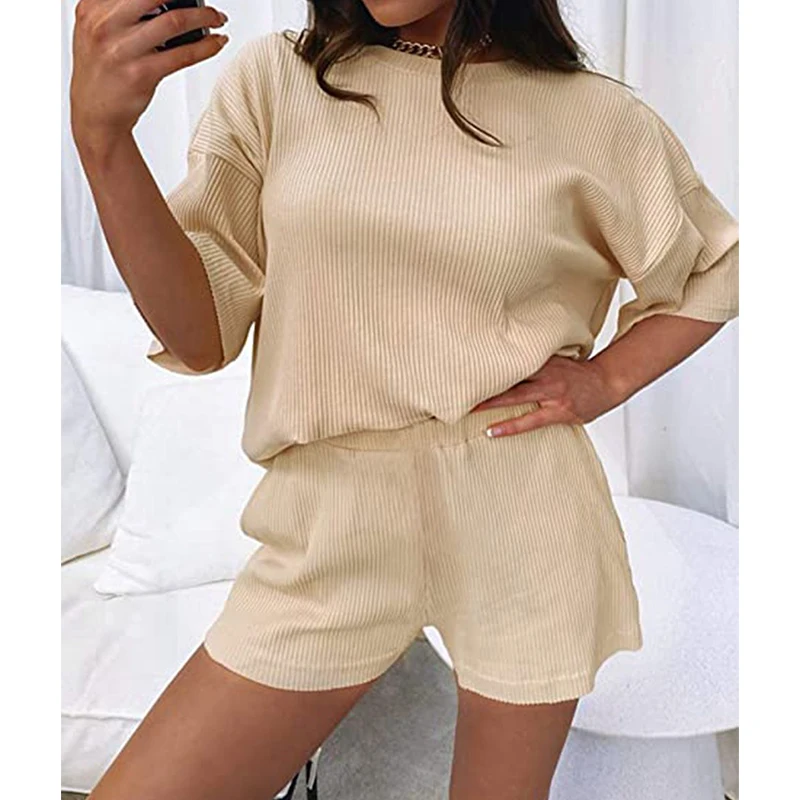 

Wholesale Fashion Solid Color Sweet Women Pajamas Set Casual Comfortable Two Piece Outfits Simple Top Hot Shorts Free Shipping