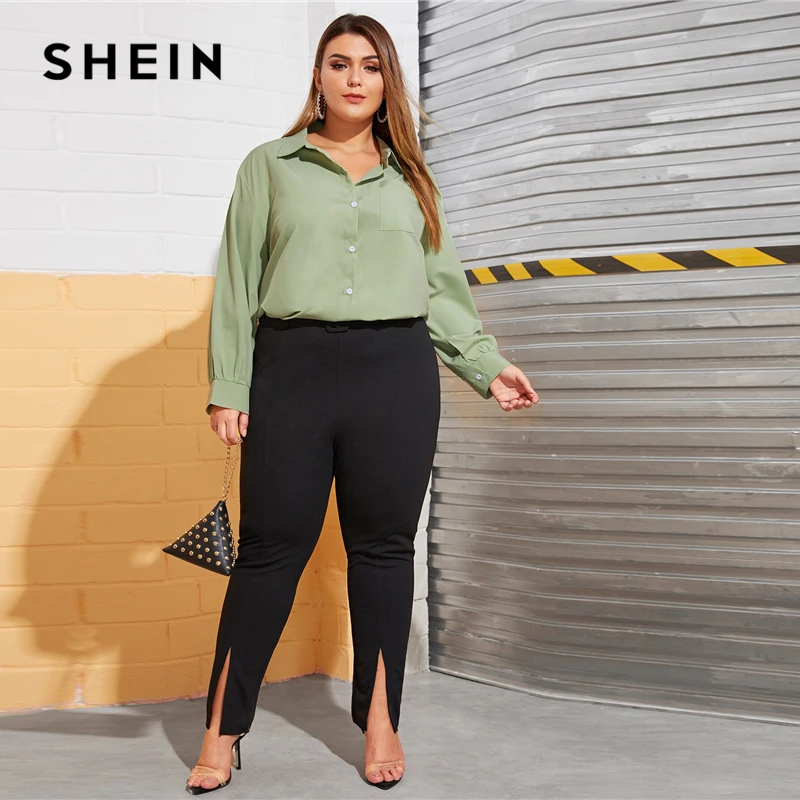 SHEIN плюс Размеры зеленый с передним карманом: Однотонная рубашка, блуза Для женщин Демисезонный отложной воротник длинный рукав Повседневное плюс Топ Блузки
