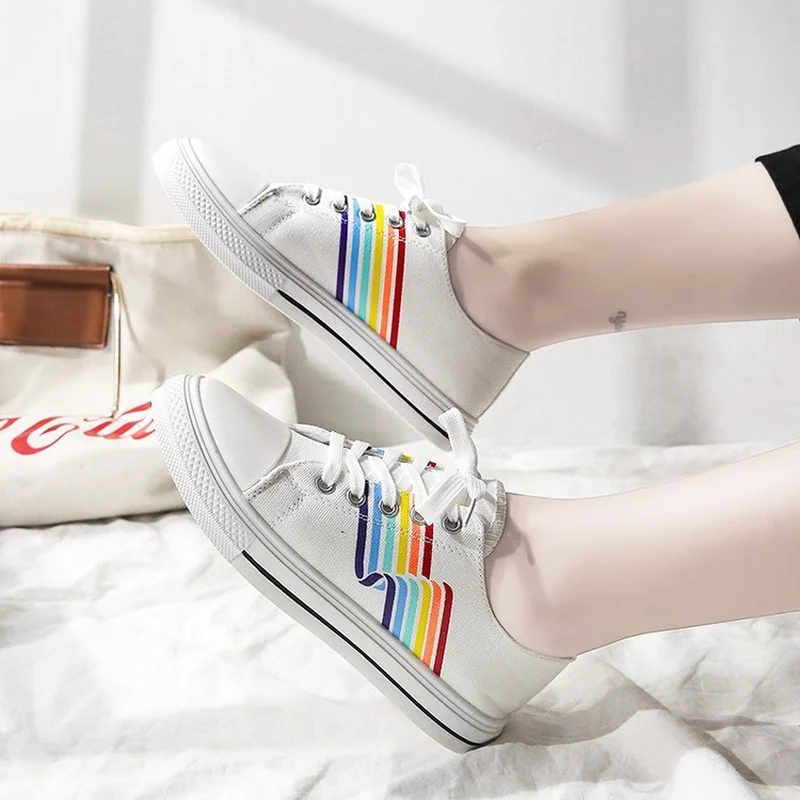 Женские кроссовки Повседневная обувь Радужная Вулканизированная парусиновая на