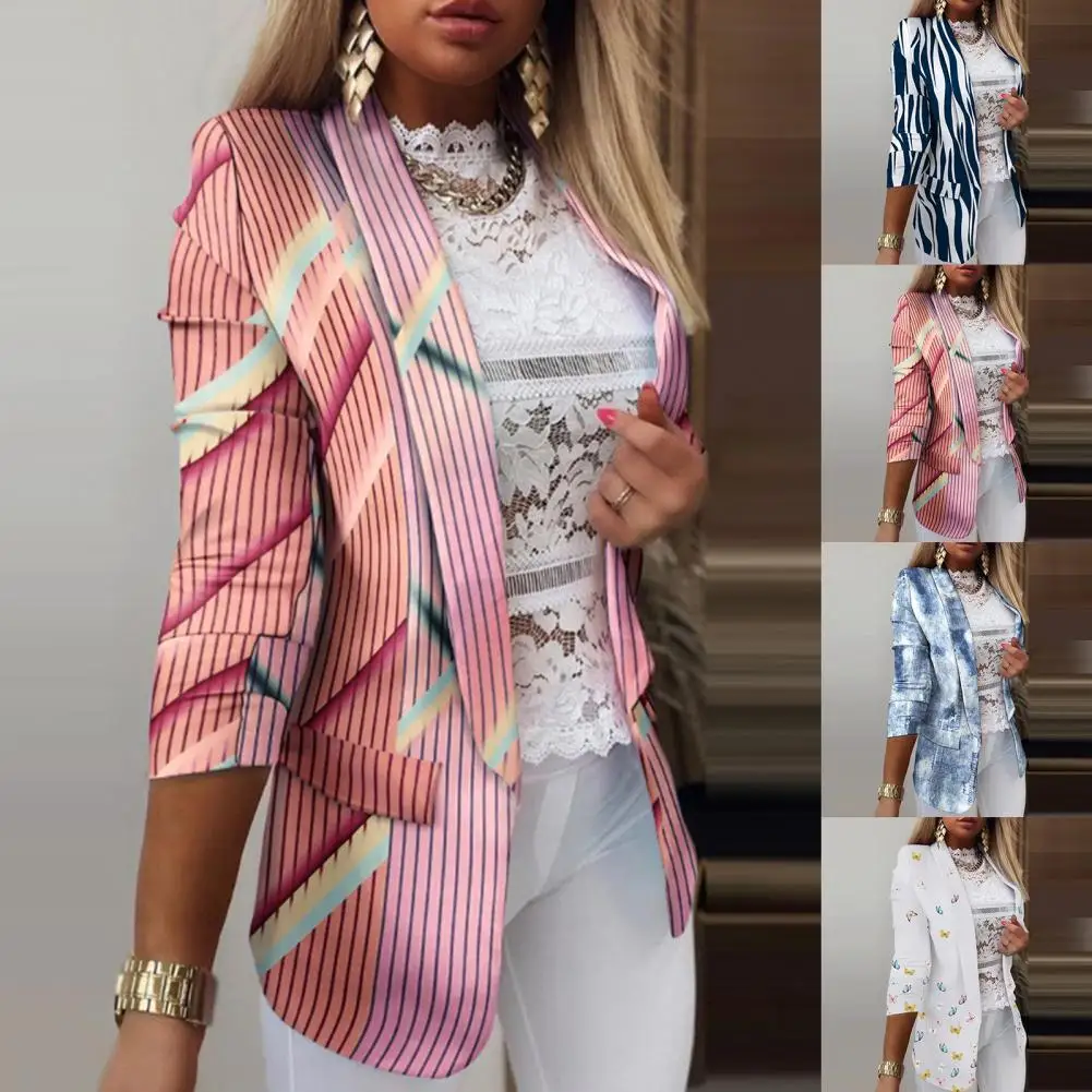

Office Coat Cardigan Striped Blazers Cardigan Lady Suits Spring Colorful Printed Notched Collar Cardigan 2021Fashion Women Coat