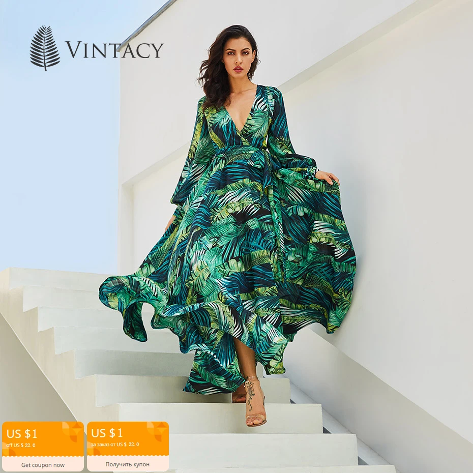Vintacy/платье с длинным рукавом, зеленое Тропическое пляжное винтажное платье макси в стиле бохо, Повседневное платье с v-образным вырезом и поясом, туника со шнуровкой, Драпированное платье размера плюс
