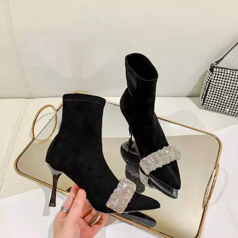 

Black Pointed Toe Short Boots Women Stiletto Suede Rhinestone Martin Boots For Fall/winter Ankle Boots Sexy Banquet Lady Shoes