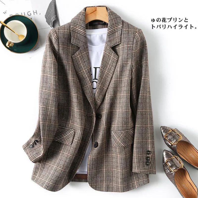 

PEONFLY Vintage Single Breasted Office Ladies Plaid Blazer Long Sleeve Loose Plaid Coat Jacket Women Blazers Female 2021