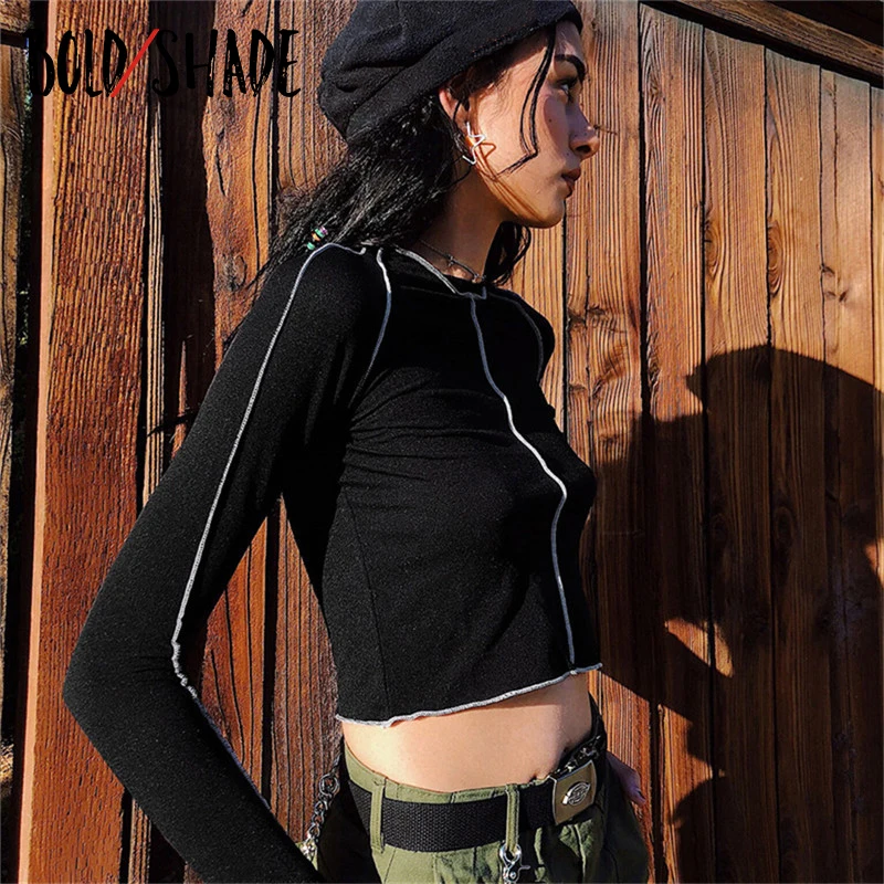 

Bold Shade Grunge Streetwear Fashion T Shirts Long Sleeve Vintage 90s Women Crop Tops Striped Black Punk E Girl Tees Skinny 2021