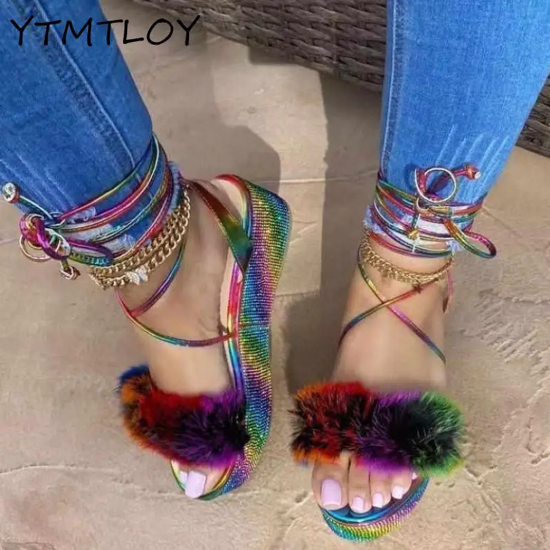 

2021 Women's Furry Platform Sandals Women's Rainbow Rhinestone Cross-tie High Heels Ladies Ankle Strap Shoes Plus Size 36-43