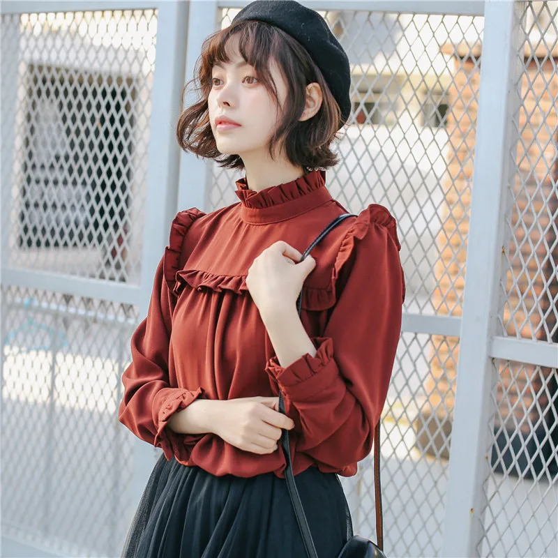 Однотонные свободные блузки 2018 Женские топы и со стоячим воротником длинным