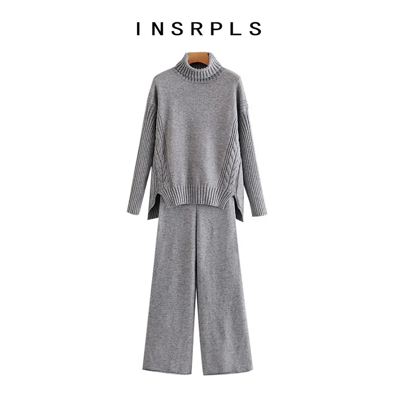 

INSRPLS Women Fashion Loose Turtleneck Sweater Wide Leg Knit Pants Vintage Two Piece Sets Female Pullovers Tracksuit Mujer