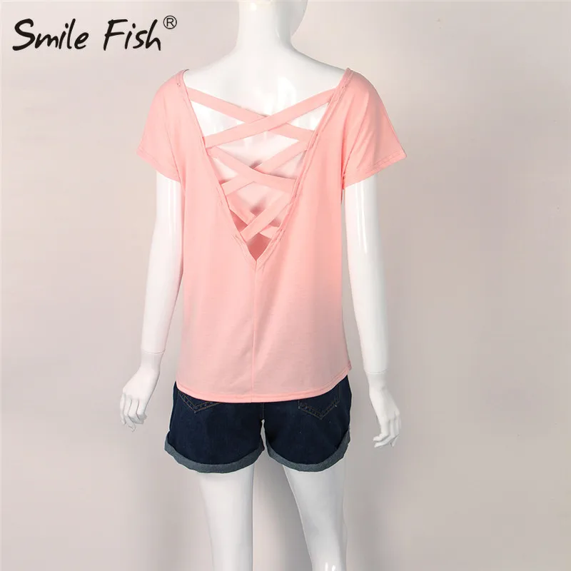 Футболка женская с открытой спиной и вырезами пикантный топ круглым вырезом