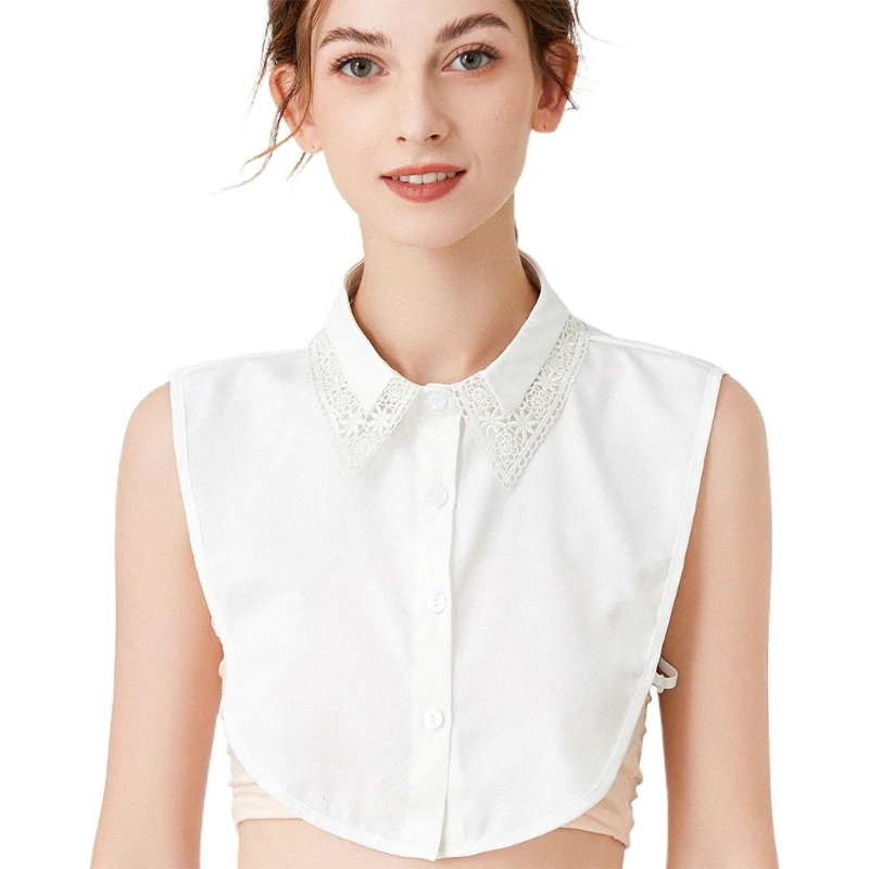 

Women Decorative Half Shirt Blouse Dickey Hollow Out Embroidery Lace Lapel Faux Collar Solid Color Detachable Crop Top
