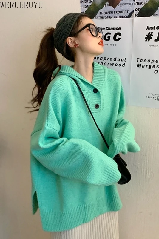 

WERUERUYU Hooded Sweater Women Autumn Sweater 2020 New Loose Solid Tops Bottoming Knitwear
