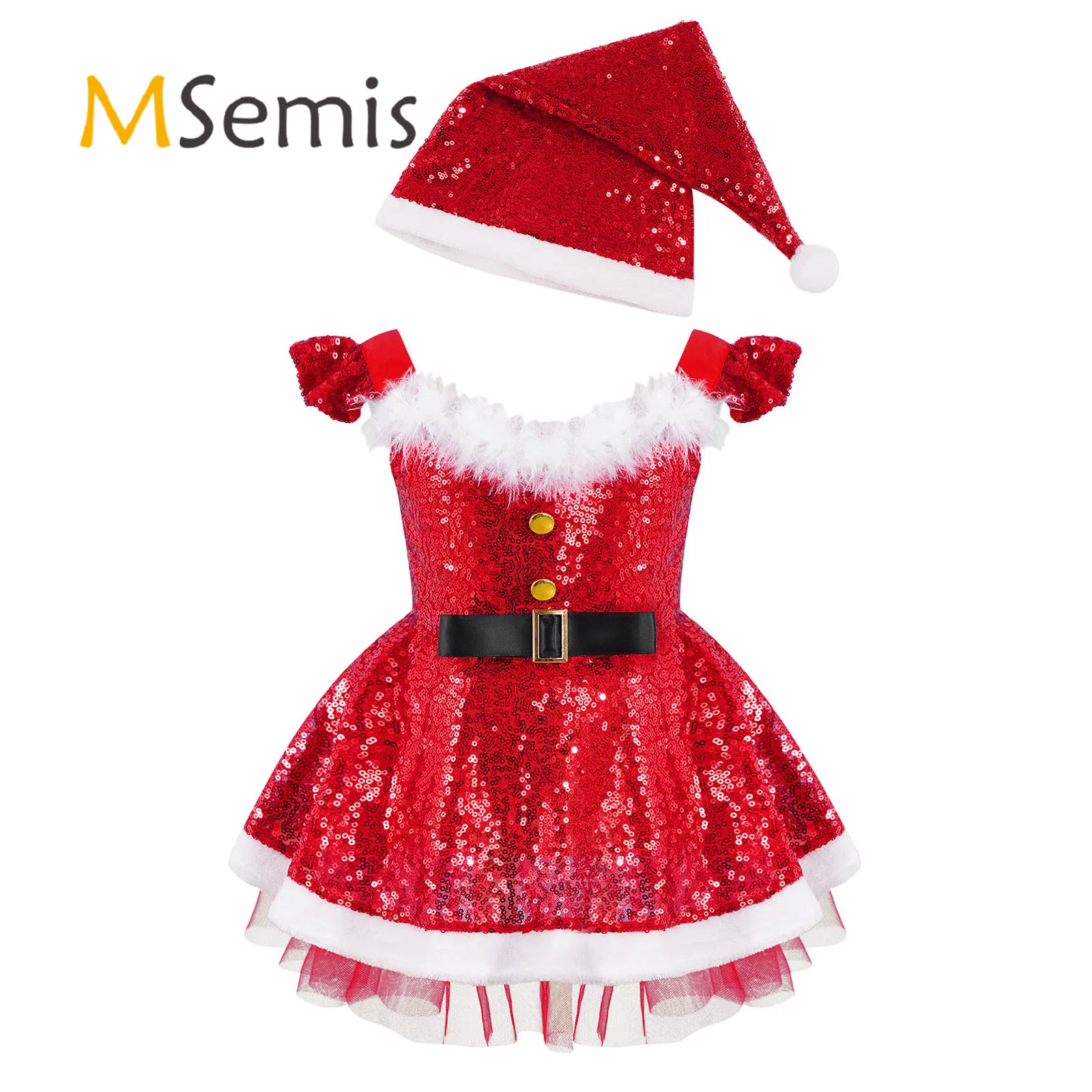 

Red Kids Girls Christmas Santa's Elf Carnival Cosplay Costume Sequins Faux Fur Adorned High Waist Xmas Dress with Hat Set
