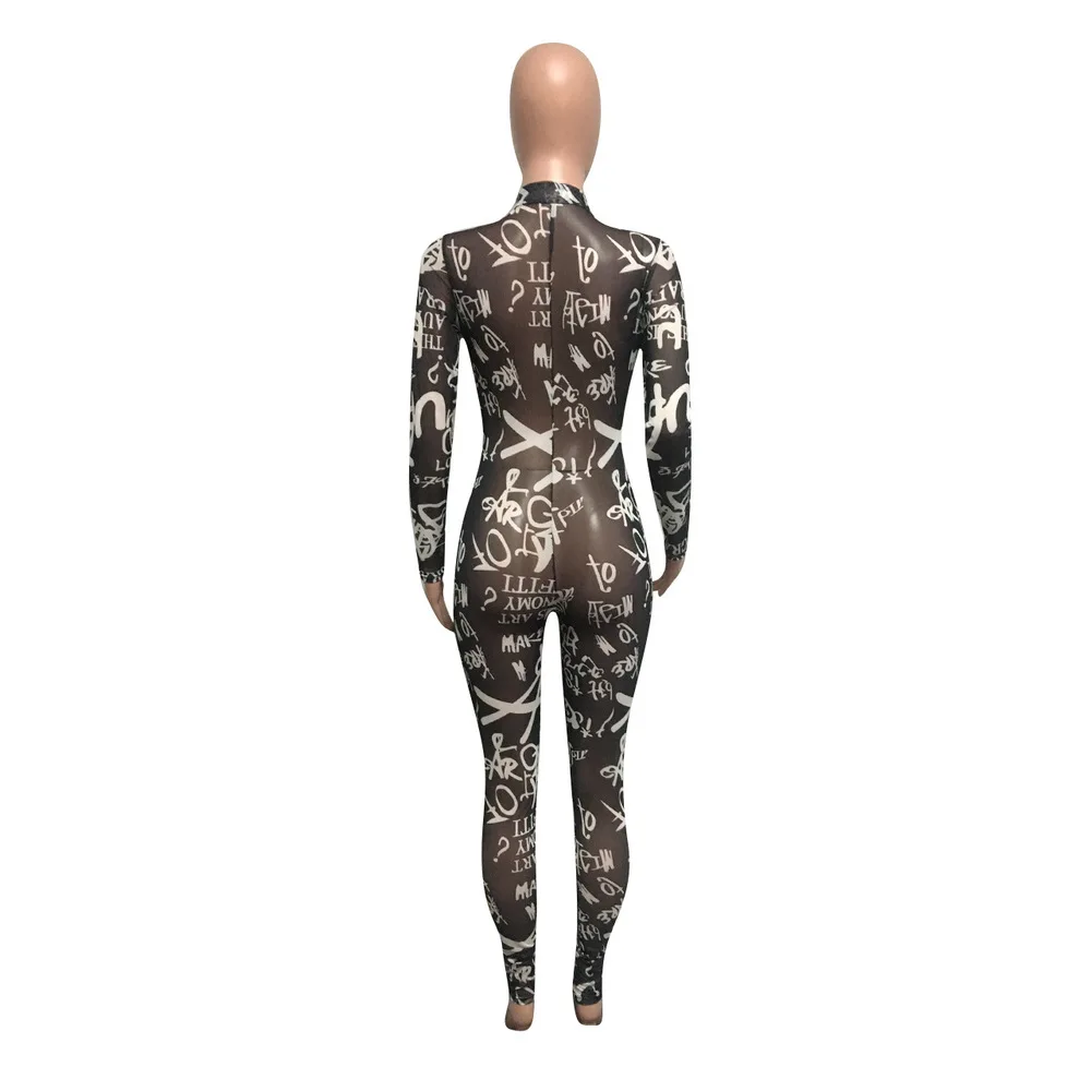 

Sheer Mesh Letter Print Sexy Slim Jumpsuit Women Deep V Neck Long Sleeve Skinny Bodysuit Streetwear Zipper See Through Rompers