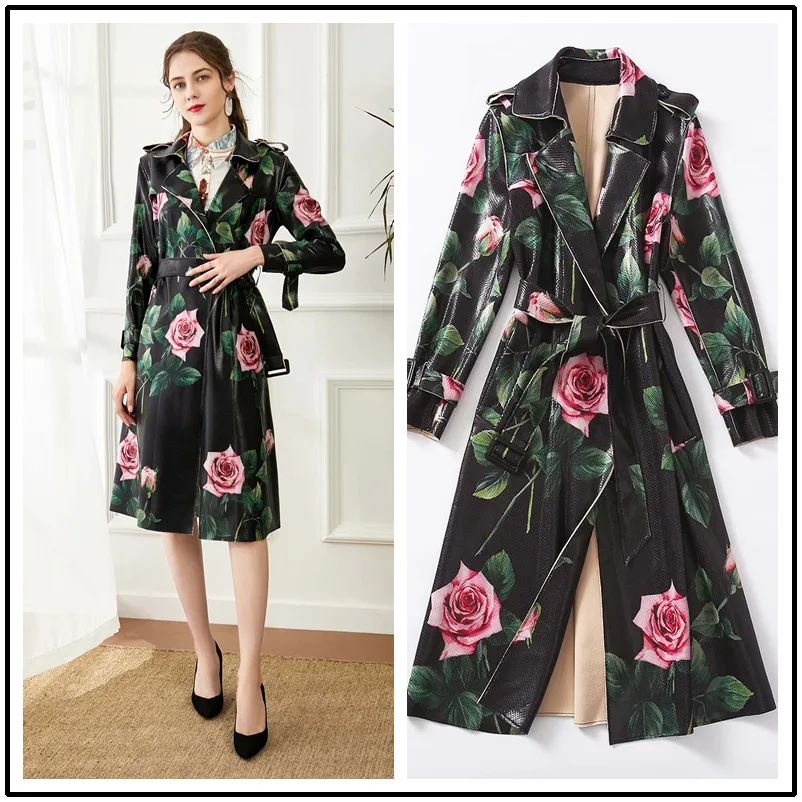 Женское демисезонное пальто с поясом и цветочным принтом элегантное женское