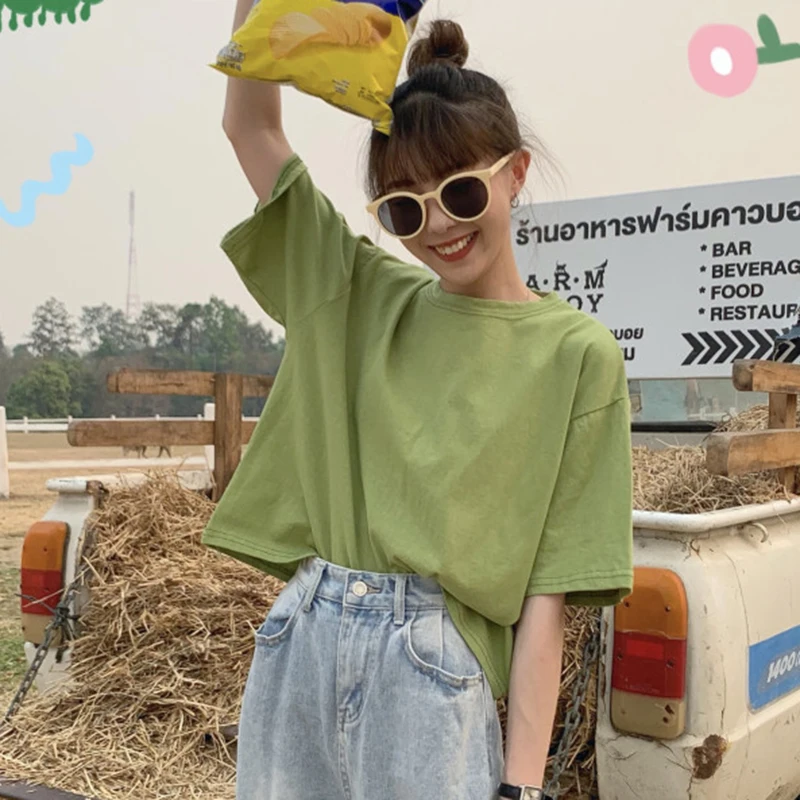 

Loose All-Match Short-Sleeved T-shirt for Women 2021 New Spring and Summer Solid Color Short Inner Bottoming Shirt Top Korean