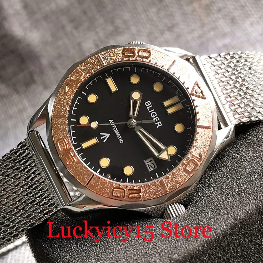

BLIGER Black Dress Selfwinding Men Watch Luminous Marks NH35A Mesh Strap Alloy Rose Gold Insert Unidirectional Bezel Ring