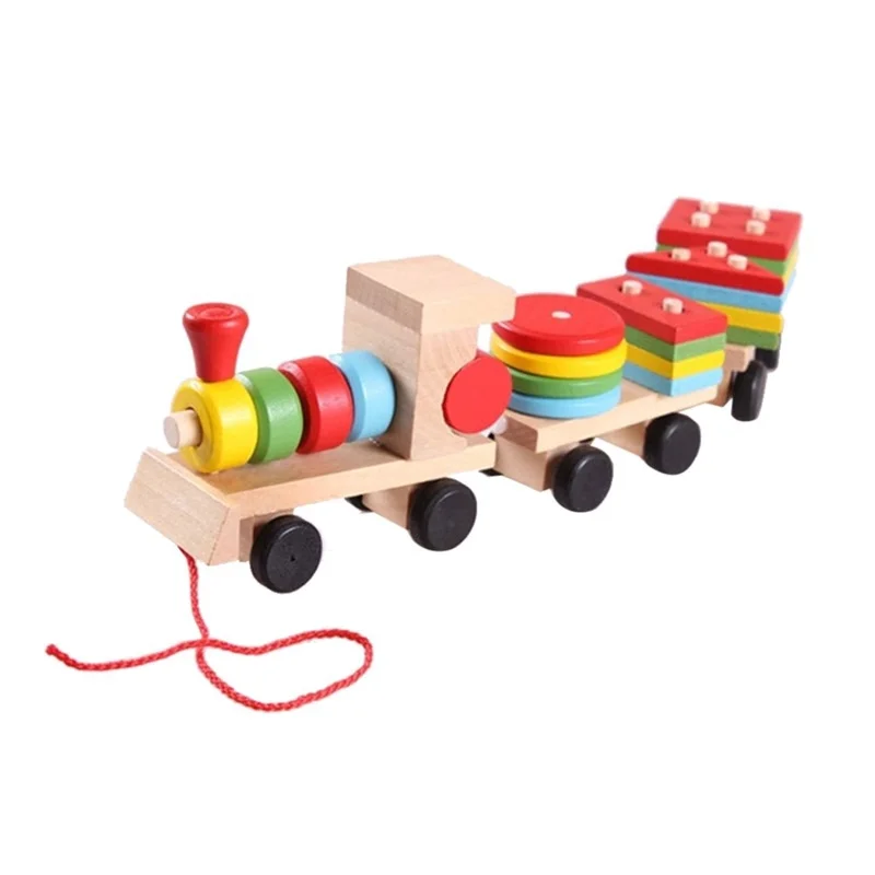 Деревянный трехсекционный маленький поезд коллекция геометрической формы