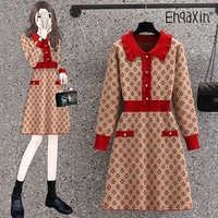 ehqaxin new womens knitted dresses autumn winter fashion elegant doll collar printed button mid length sweater dress l 4xl