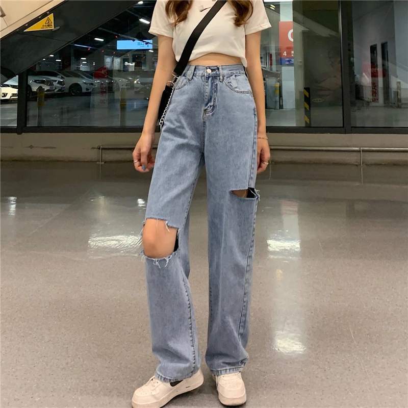 Женские рваные джинсы светло-голубые свободные прямые брюки с широкими