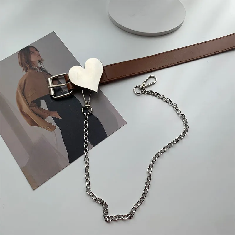

Punk Women Belts Heart-Shaped Buckle PU Leather With Chain JK Waist Strap Female Harajuku Waistband All-match Jeans ins