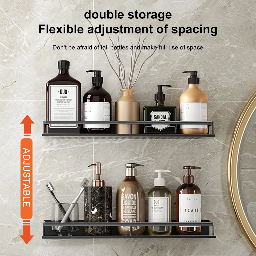 30 50cm black bathroom wall shelf without drilling rustproof aluminum storage rack for kitchen shower bathroom organizer free global shipping