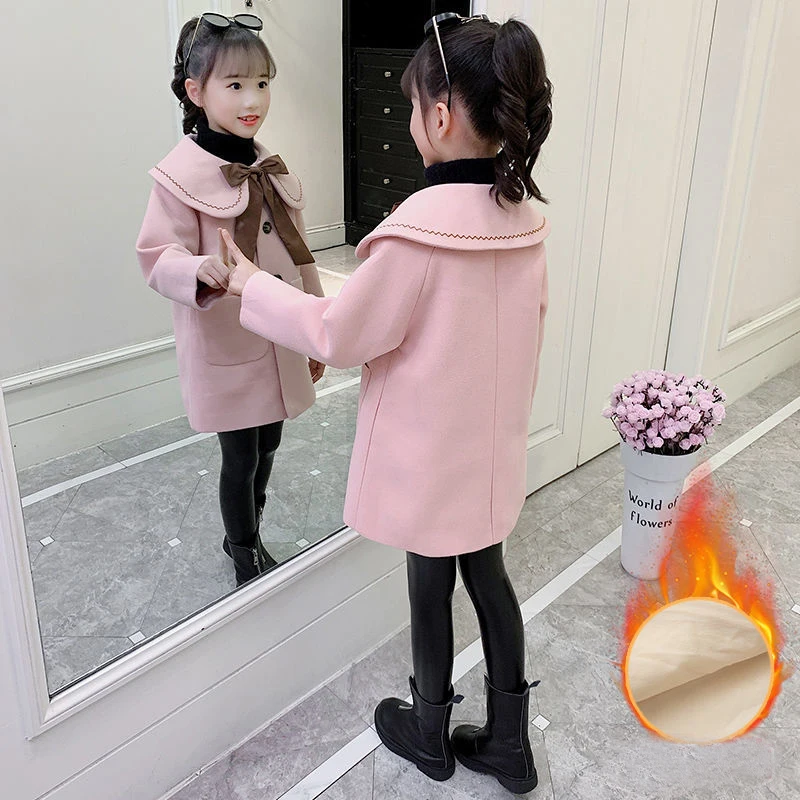 

Winter Girls Woolen Coat New 2021 College Style Keep Warm Plus Velvet Thickening Fashion Jacket For Girls Children's Outerwear