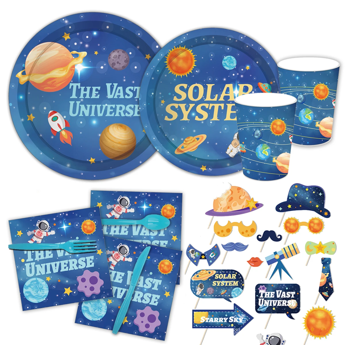 

Astronauts Planets Party Photobooth Props Planetary Solar System Party Boy Blue Starry Sky 1st Birthday Party The Vast Universe