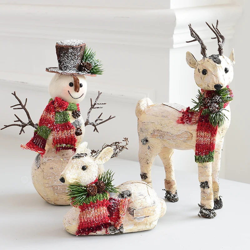 Muñeco de nieve de corteza de abedul nórdico para el hogar, decoración de escritorio, Escena de alce, navidad, 2019