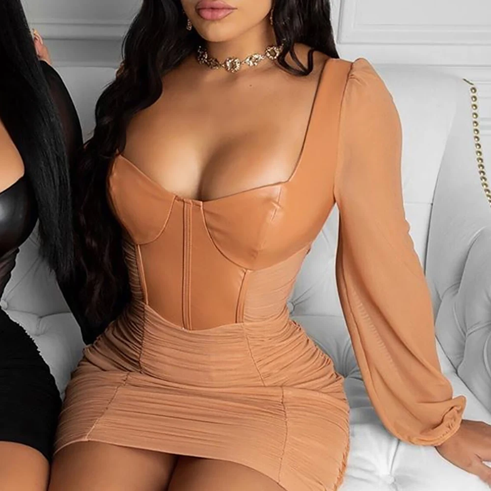 

2021 Leather Dress Long Sleeve Elegant High Stretch Dress Deep V Neck Gothic Mini Dress