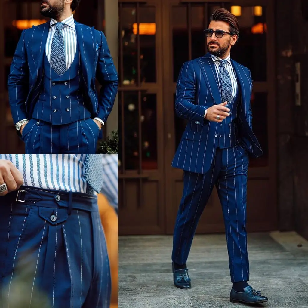 

Smart Casual Mens Suits Slim Fit Striped Prom Tuxedos Classic Business Jacket Wedding Party Prom Coat 3 Piece