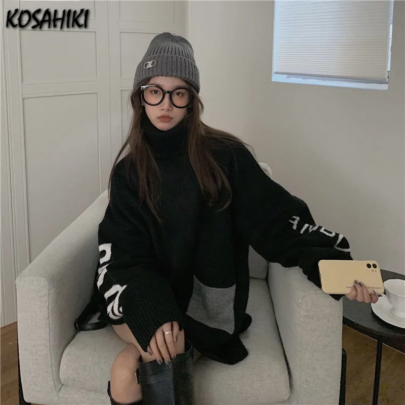 

KOSAHIKI Autumn New Women Vintage Harajuku Fashion Loose Sweater Turtleneck Pullovers Letter Black Tops Knitted Jumper Outwears