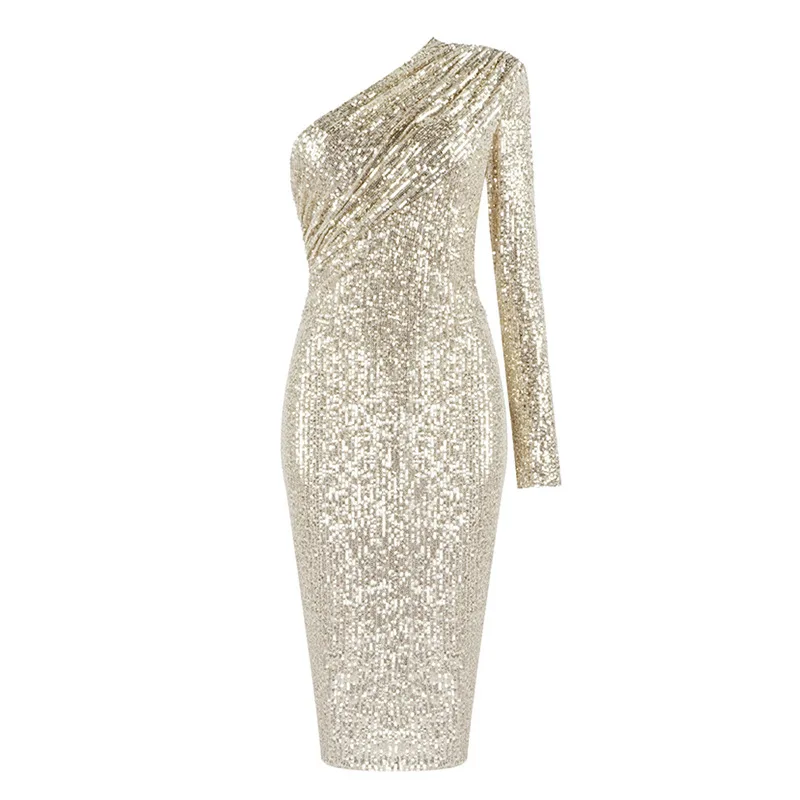 

Hot selling women's long sleeve dress with slant shoulder and bright pearl piece