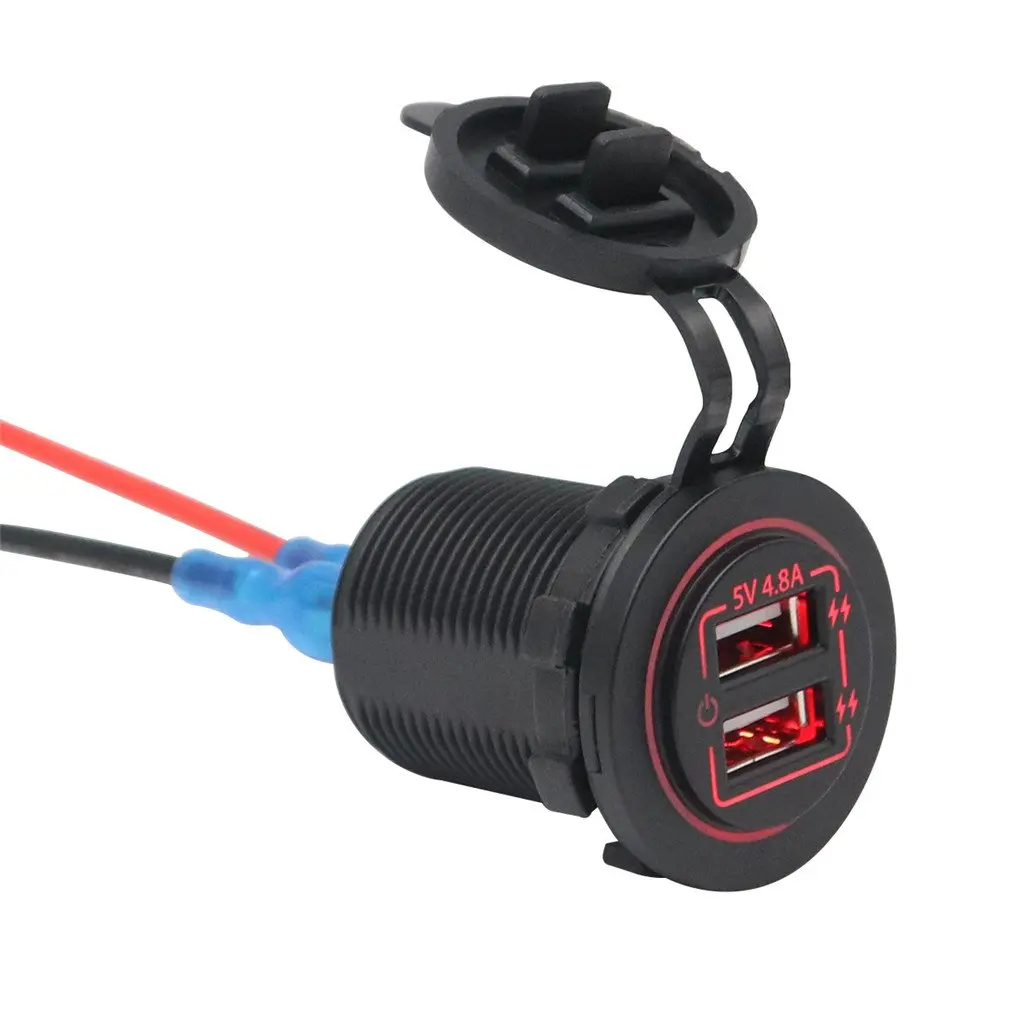 

AS234L Engraving Dual Charging Port Input USB Car Charger Socket 4.8A 5V Red Light Touch Button Switch